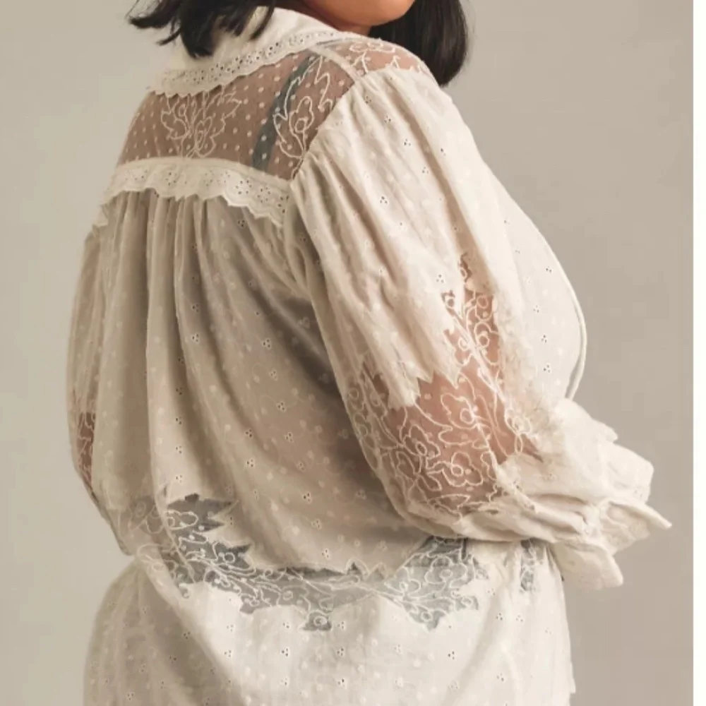 Anthropologie White Eyelet Lace Button-Front Blouse